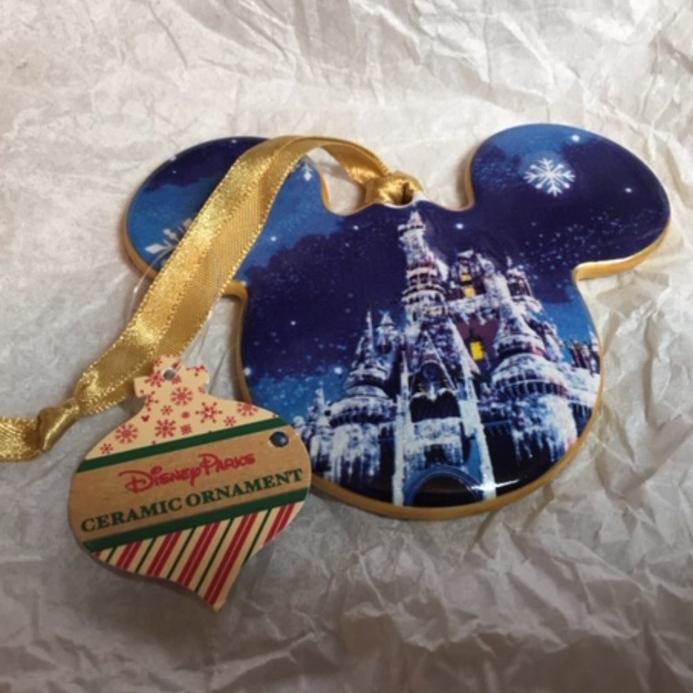 NWT Disney Parks Mickey Mouse Ceramic Christmas 2 Sided Ornament Castle & Wreath